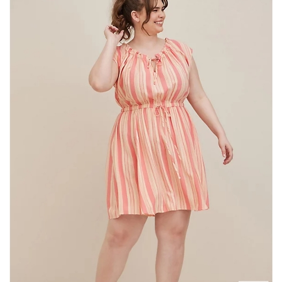 NWT TORRID Tie Front Mini Dress - Challis Striped Pink - Picture 1 of 6